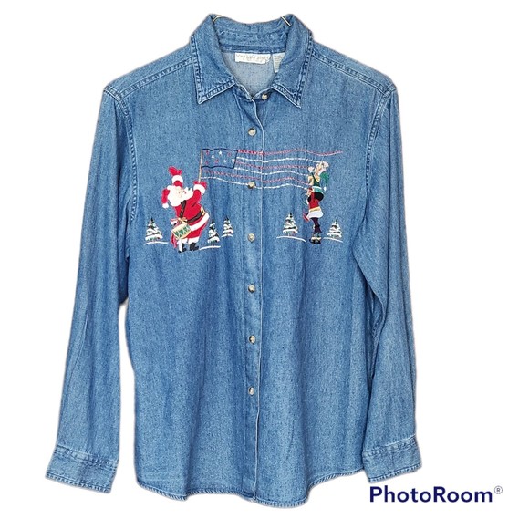 Vintage Victoria Jones Denim Button Down Casual Christmas Shirt Size Medium - Picture 1 of 4